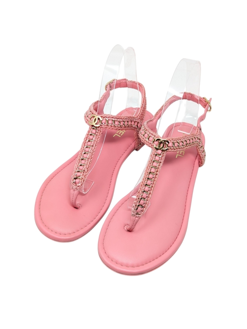 MISMATCHED Chanel Pink Chain Interlocking CC T-strap Sandals EU 40(L) /EU 41(R)